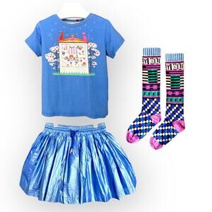 Oilily Organic T-Shirt, Metallic Skirt,  Jacquard Socks Size 98-104 (3-4T) Blue